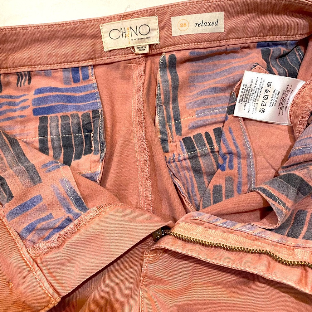 Anthropologie Chino size 28 relaxed pants mauve color with velveteen side detail